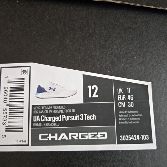 Under ARMOUR Charged Pursuit 3 TECH Men\'s‎ Size 12 White Blue Gym Running Train main image 4